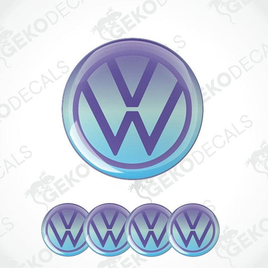 A set of four blue and purple domed vinyl decals with the Volkswagen logo.