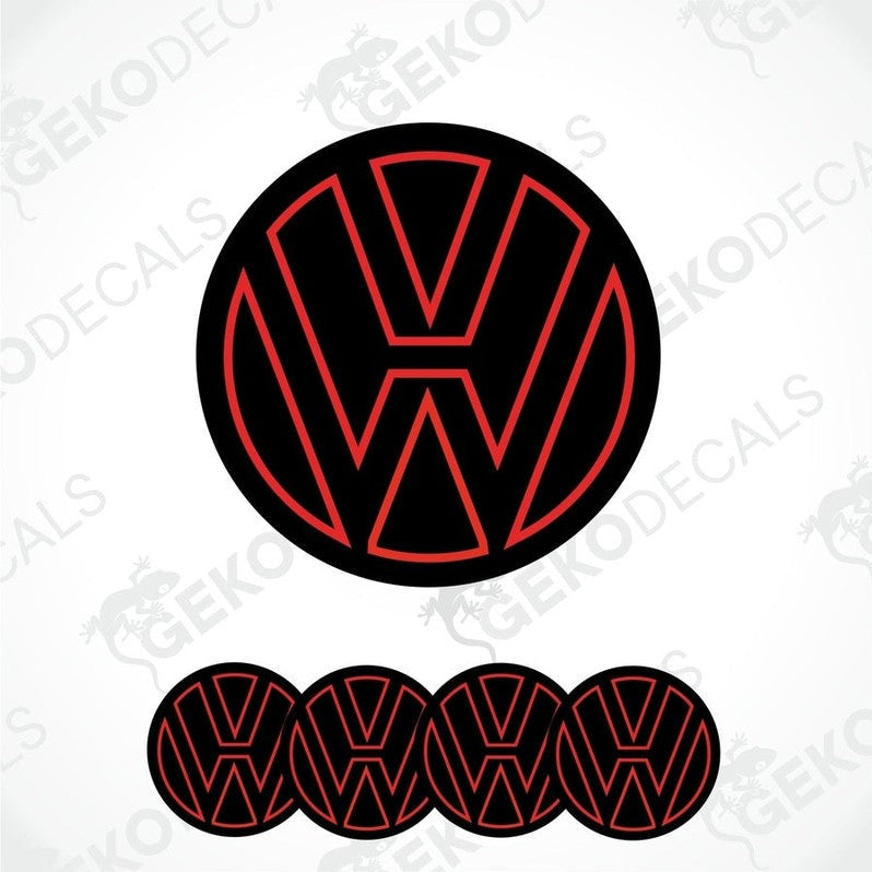 A set of four black vinyl stickers with the word 'VOLKSWAGEN' written in red.