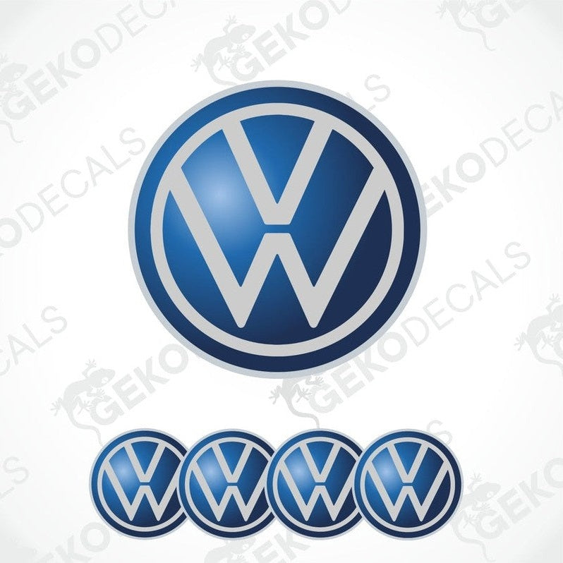 A set of blue vinyl decals with the Volkswagen logo, including one large decal and four smaller ones.