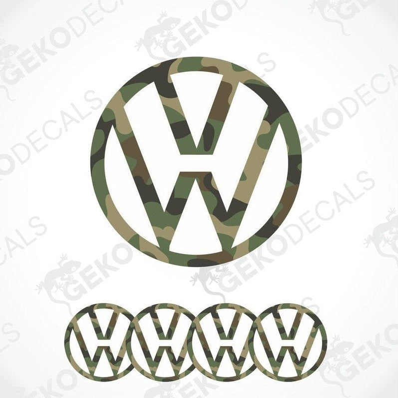 A set of four vinyl decals with a camouflage pattern, designed to be stickers for a car. They feature the iconic Volkswagen 'VW' logo.