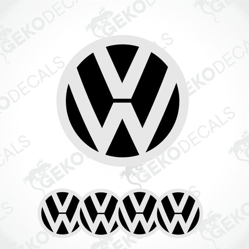 A set of four black and white vinyl stickers with a dome shape and the Volkswagen logo on each.