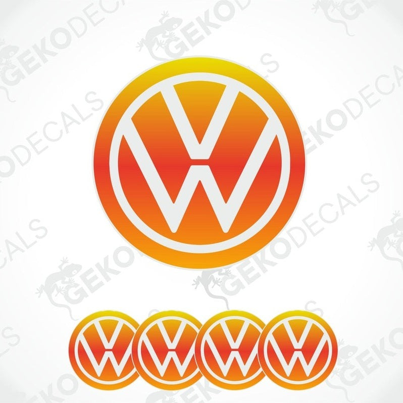 A set of four orange and white vinyl stickers with a car logo design, displayed on a white background.
