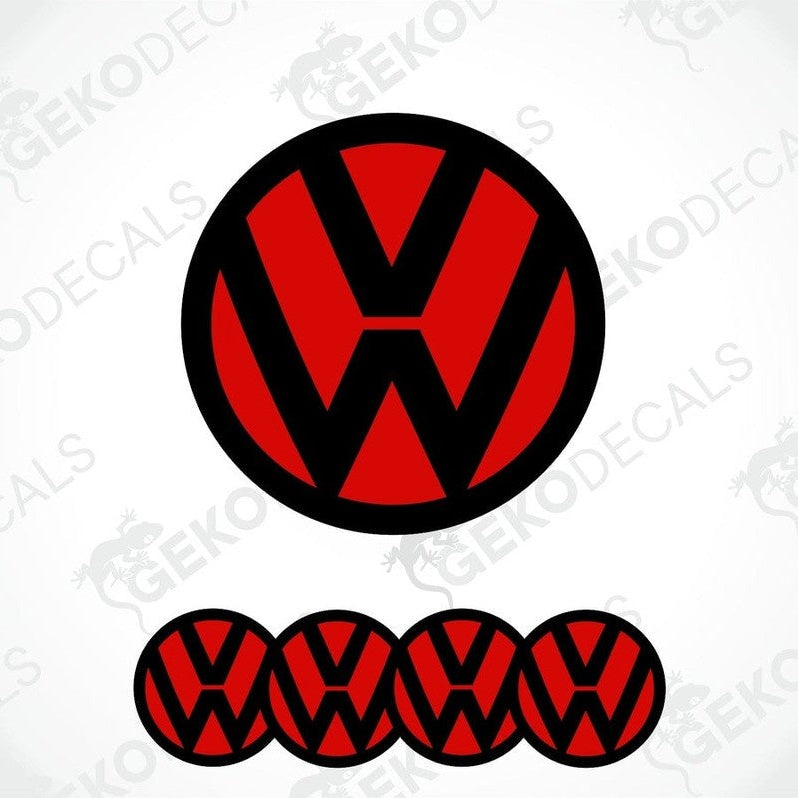 A set of four red and black vinyl stickers with a dome shape, featuring the logo of the Volkswagen brand.
