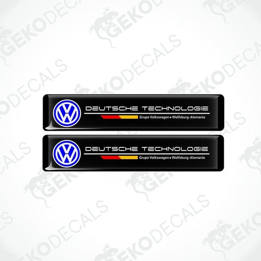 Two black vinyl stickers with the text 'DEUTSCHE TECHNOLOGIE' and the Volkswagen logo, one with a red and yellow stripe and the other with a blue and yellow stripe.