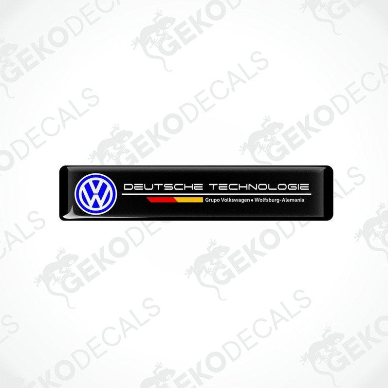  Black vinyl stickers with the text 'DEUTSCHE TECHNOLOGIE' and the Volkswagen logo, one with a red and yellow stripe and the other with a blue and yellow stripe.
