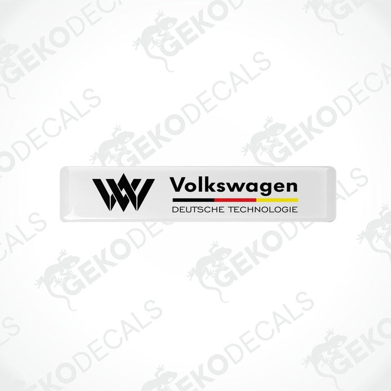 Withe vinyl stickers with the text 'Volkswagen Deutschtechnologie' and the VW logo in black and red colors.