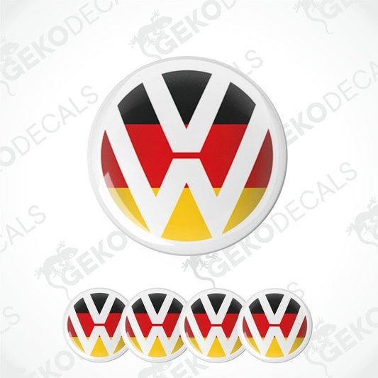 A set of four round car decals with the Volkswagen Germany flag logo in black, red, and yellow.