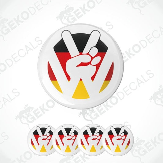 A set of four white vinyl stickers with a red, black, and yellow design, featuring the VW logo and the German flag.