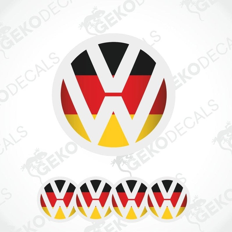 A set of four round car decals with the Volkswagen Germany flag logo in black, red, and yellow.