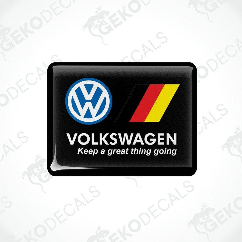 Black rectangular vinyl decals with the Volkswagen logo and the phrase 'Keep a great thing going' in white lettering, and a yellow and red stripe.