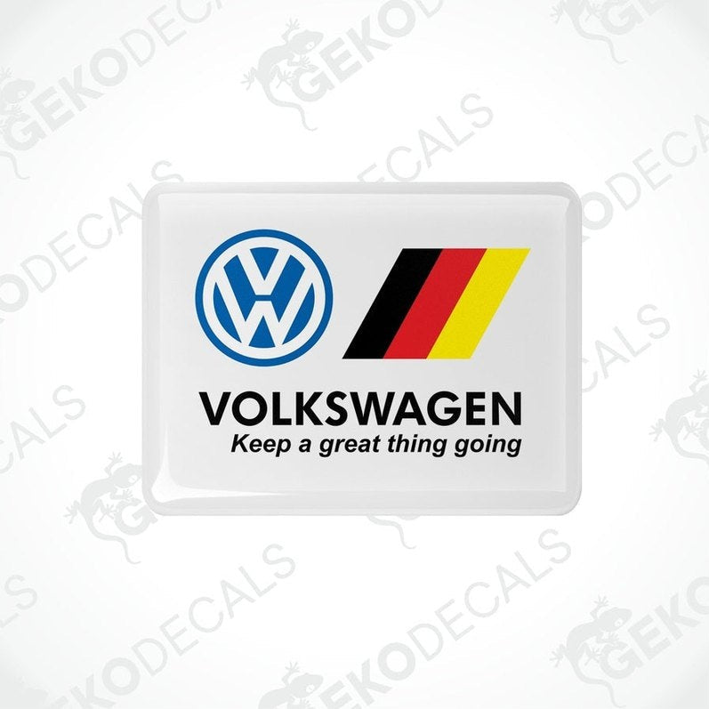  Withe rectangular vinyl decals with the Volkswagen logo and the phrase 'Keep a great thing going' in black lettering, and a yellow and red stripe.
