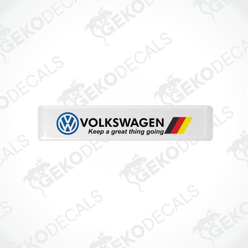  Withe vinyl decals with the Volkswagen logo and the phrase 'Keep a great thing going' printed in black and red.