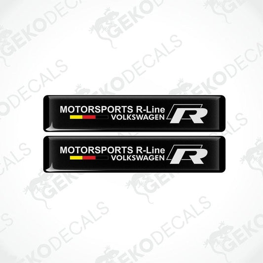 Two black vinyl decals with the text 'MOTORSPORTS R-Line VOLKSWAGEN' and the 'R' logo in white and red.