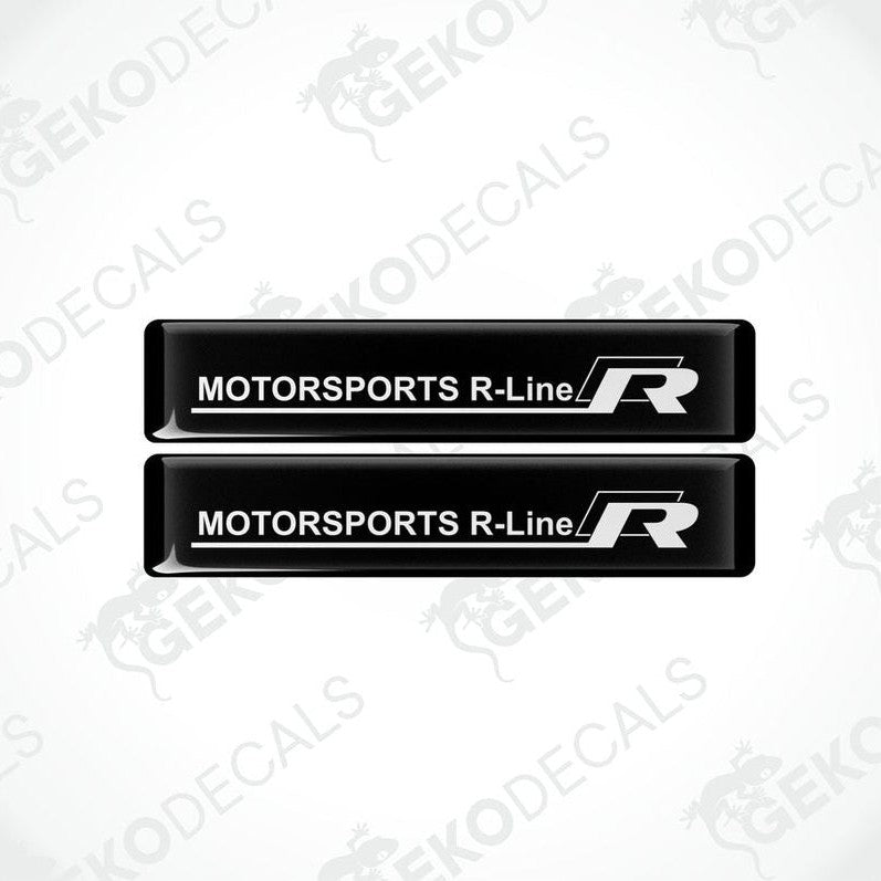 Two black vinyl stickers with the text 'MOTORSPORTS R-LINE' printed in white.
