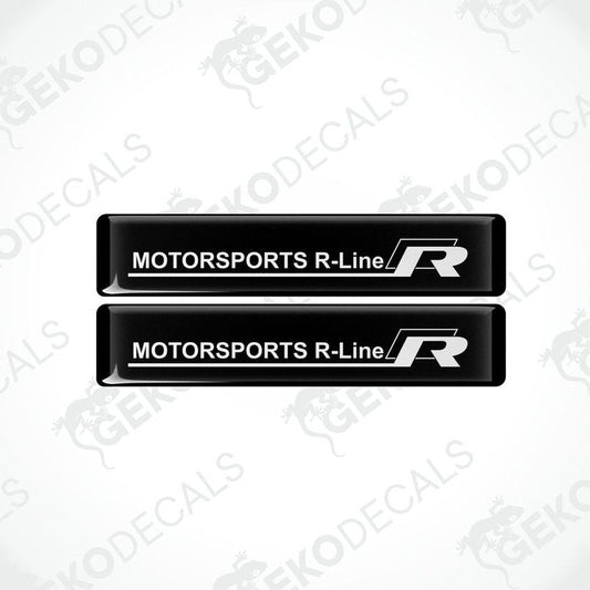 Two black vinyl stickers with the text 'MOTORSPORTS R-LINE' printed in white.
