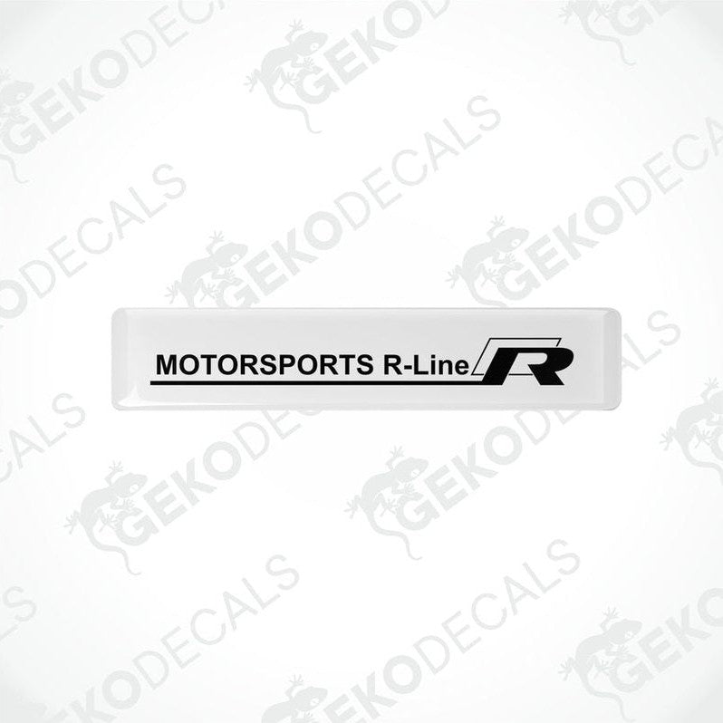  Withe vinyl stickers with the text 'MOTORSPORTS R-LINE' printed in black.