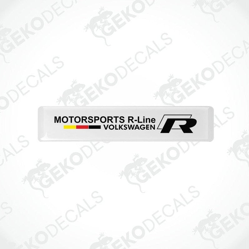  Withe vinyl decals with the text 'MOTORSPORTS R-Line VOLKSWAGEN' and the 'R' logo in black and red.