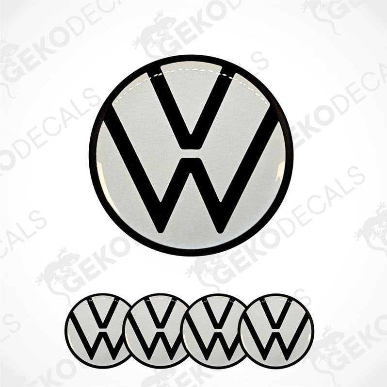 A set of four vinyl decals with a pearl white background and the Volkswagen logo.