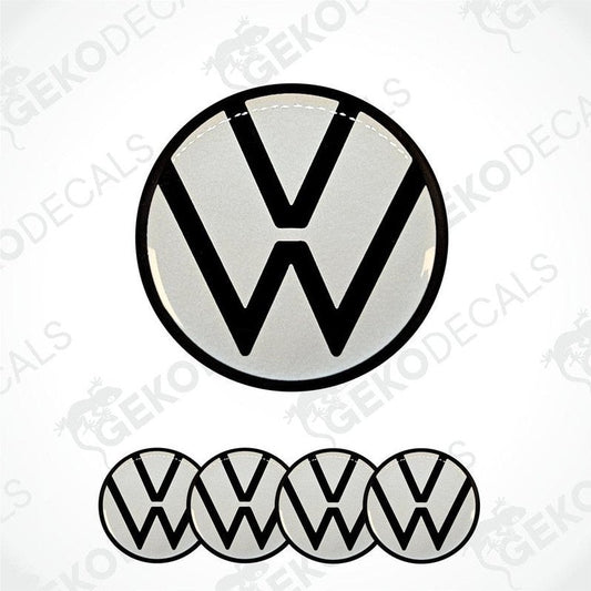 A set of four vinyl decals with a pearl white background and the Volkswagen logo.