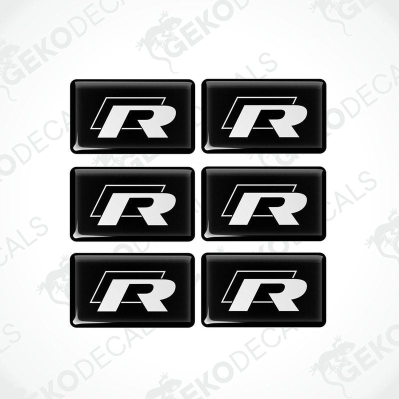 A set of six black vinyl stickers with the letter 'R' and the VOLKSWAGEN brand logo.