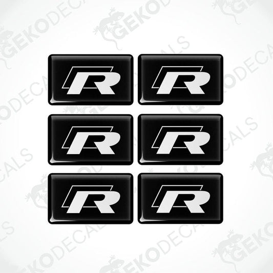 A set of six black vinyl stickers with the letter 'R' and the VOLKSWAGEN brand logo.