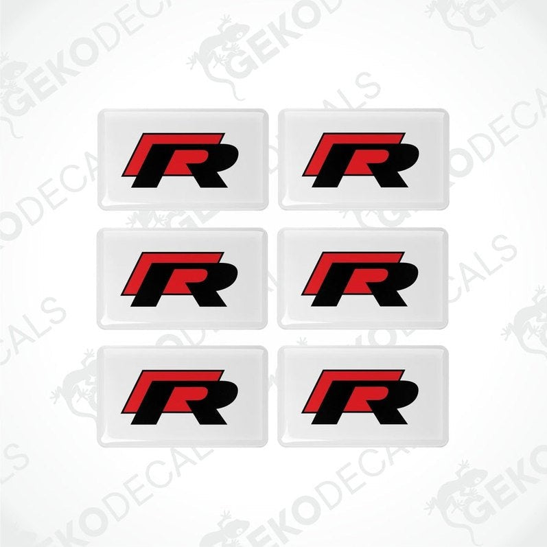 A set of six white vinyl stickers with the VOLKSWAGEN R-LINE logo in red and black.