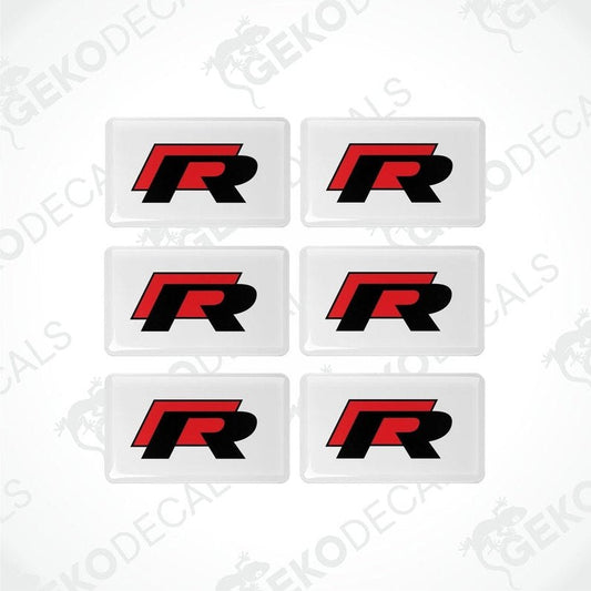 A set of six white vinyl stickers with the VOLKSWAGEN R-LINE logo in red and black.