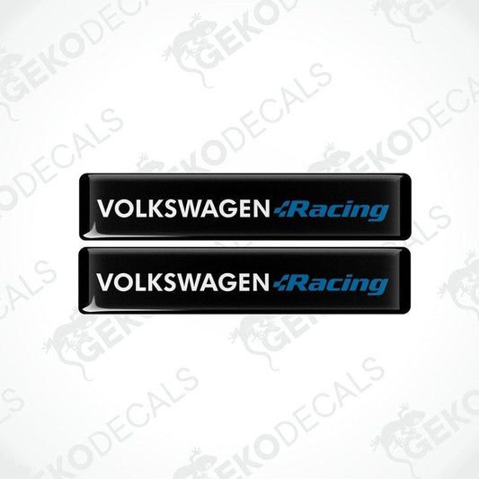 Two black vinyl stickers with the text 'VOLKSWAGEN RACING' in blue and white colors, placed on a white background.