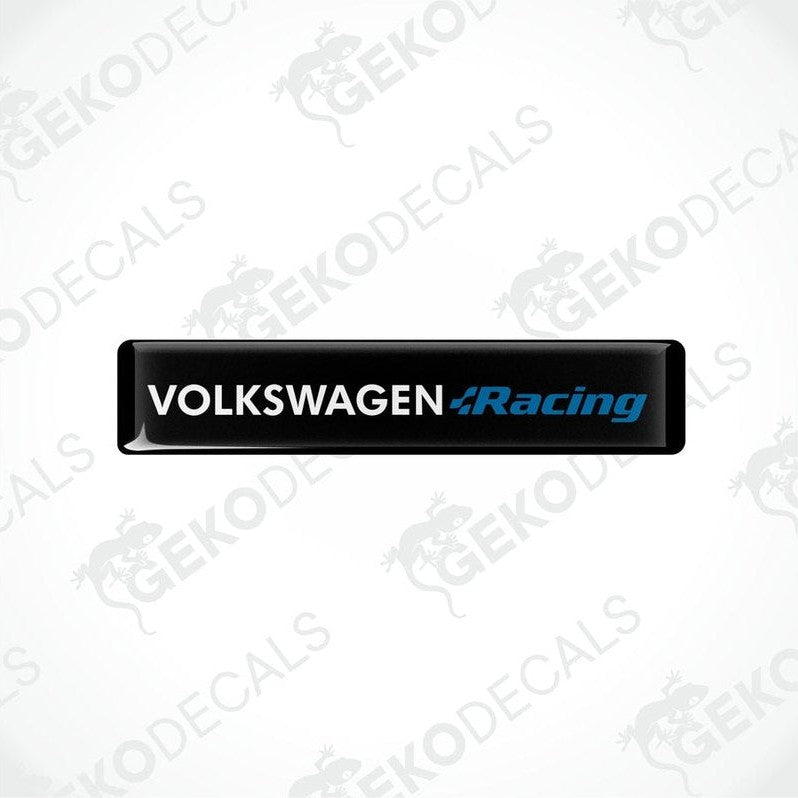 Black vinyl stickers with the text 'VOLKSWAGEN RACING' in blue and white colors, placed on a white background.