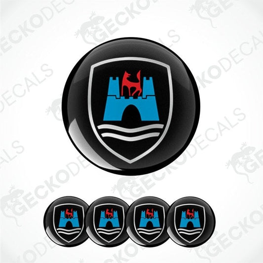 Set of car emblems with a castle and deer design on a white background.