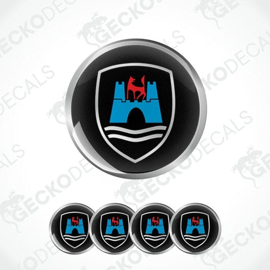Set of car emblems with a castle and dog design on a white background.