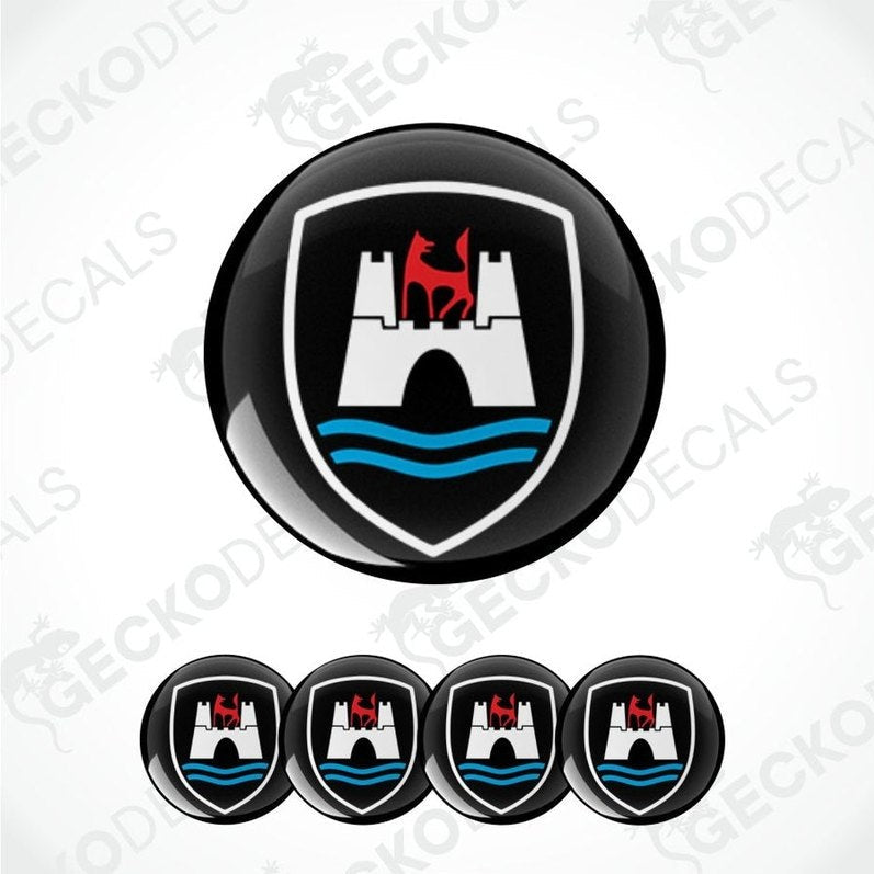 Set of car emblems with a castle and water design on a white background.