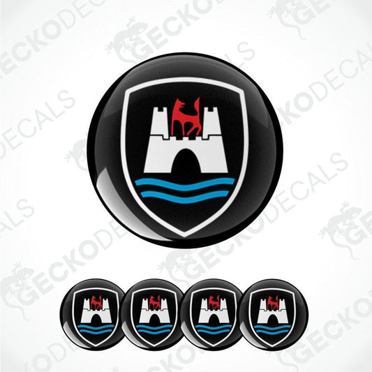 Set of car emblems with a castle and water design on a white background.