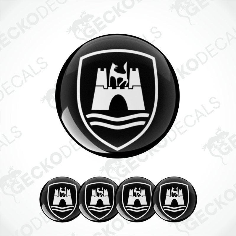 Black and white emblem design with castle and wolf on a white background, featuring the brand 'Gecko Decals'.