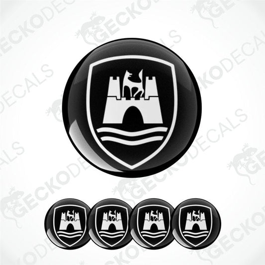 Black and white emblem design with castle and wolf on a white background, featuring the brand 'Gecko Decals'.