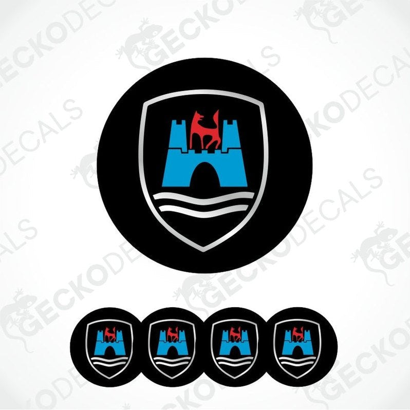 Decorative emblem with castle and red dog design on a white background with 'Gecko Decals' branding.