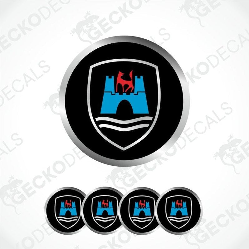 Logo with a castle and red dog design on a black background, surrounded by similar logos.