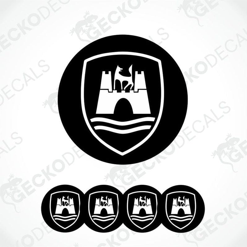 Black and white emblem design with castle and wave on a white background