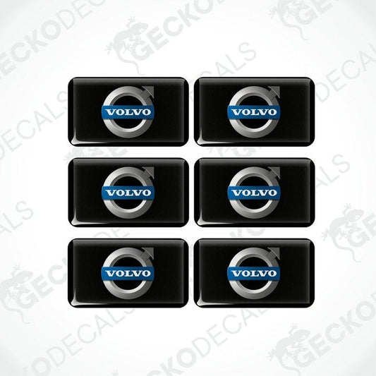 A set of six black vinyl decals with the Volvo logo in white and blue.