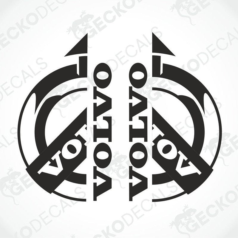 A set of two black and white die cut stickers with the word 'VOLVO' designed in a distinctive font.
