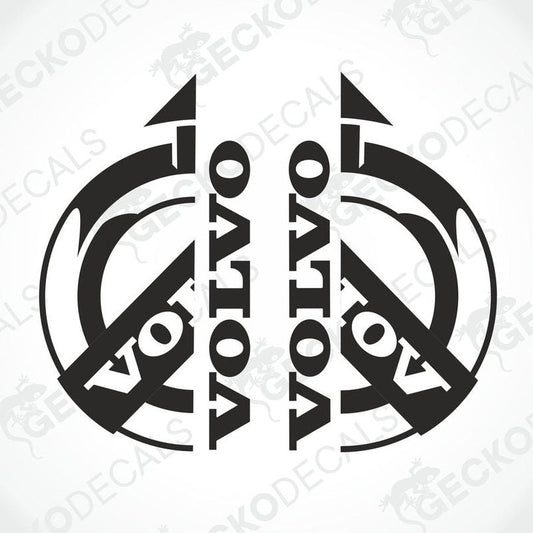 A set of two black and white die cut stickers with the word 'VOLVO' designed in a distinctive font.