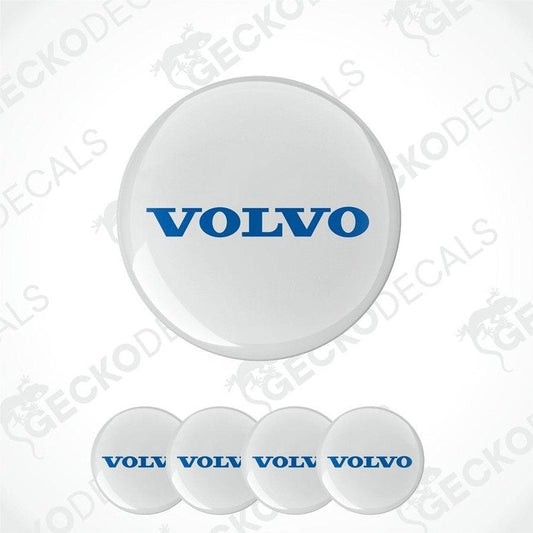 A set of white vinyl decals with the blue 'VOLVO' brand logo, designed for use as car stickers.