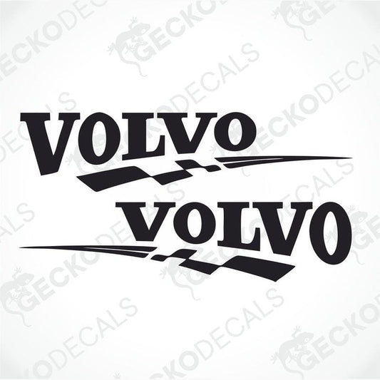 Two black 'VOLVO' brand stickers with a tribal design on a white background.