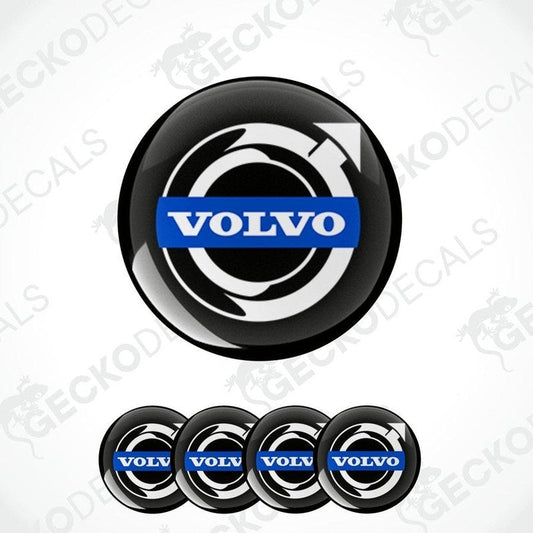 A set of four vinyl decals with a polyurethane coating featuring the Volvo brand logo in black, blue, and white colors.