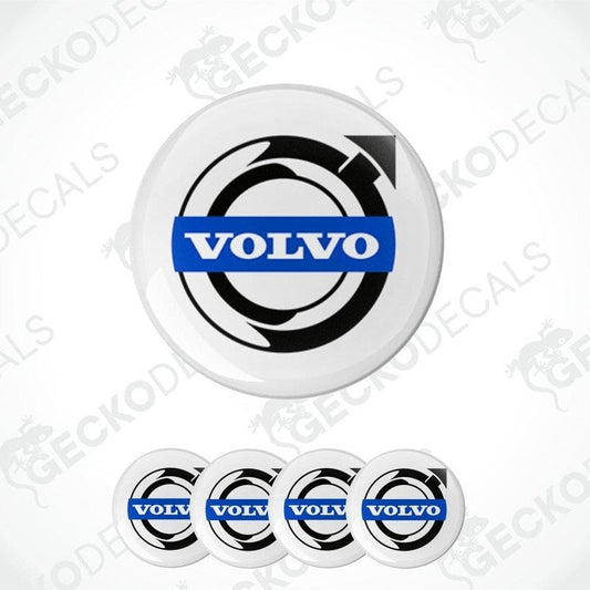 A set of four round car decals with the Volvo logo in black, blue, and white colors.