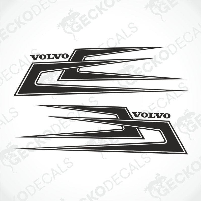 A pair of black and white Volvo truck decals designed for use on the exterior and interior of a vehicle.