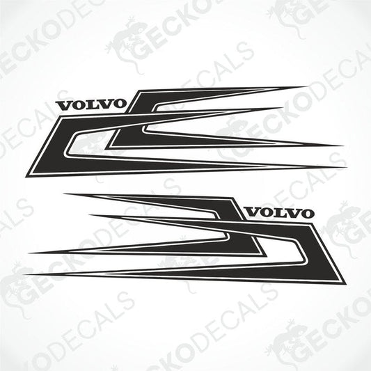 A pair of black and white Volvo truck decals designed for use on the exterior and interior of a vehicle.