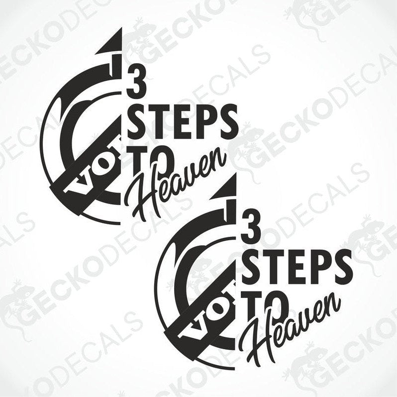 Two black decals with the text '3 STEPS TO HEAVEN' and a volvo logo, placed on a white background.