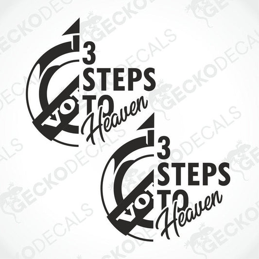 Two black decals with the text '3 STEPS TO HEAVEN' and a volvo logo, placed on a white background.