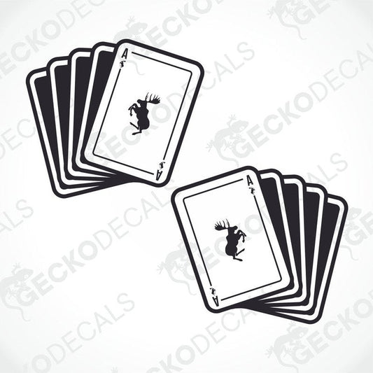 Two die cut black and white stickers depicting a stack of playing cards with a Volvo logo in the center on each card.